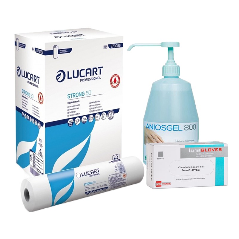 Pachet role medicale Lucart Strong 50 cm + manusi nitril Blue M + dezinfectant maini Anios DT800